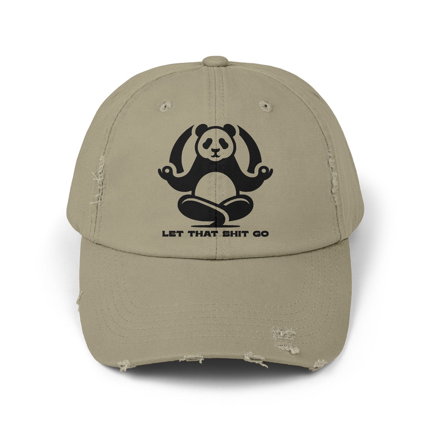 Let That Shit Go Unisex Distressed Cap, Meditating Panda Hat, Inspirational Message Hat, Gift for Yoga Lovers