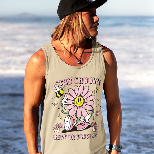 Unisex Stay Groovy Tank Top, Keep on Truckin' Comfort Colors® Tank Top, 70s Vibe Tank Top, Great Tank Gift for Him and Her, Boho Flower Power