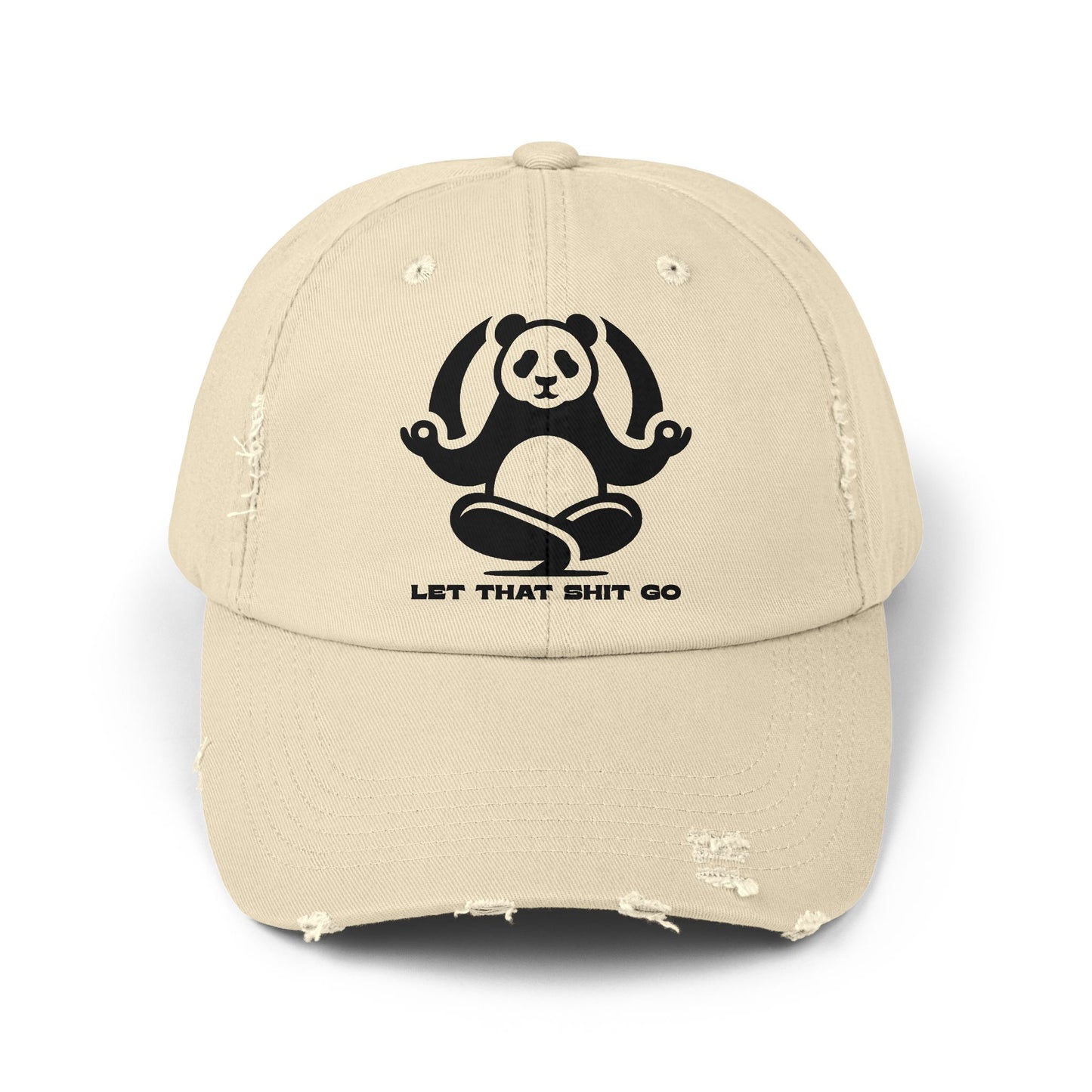 Let That Shit Go Unisex Distressed Cap, Meditating Panda Hat, Inspirational Message Hat, Gift for Yoga Lovers