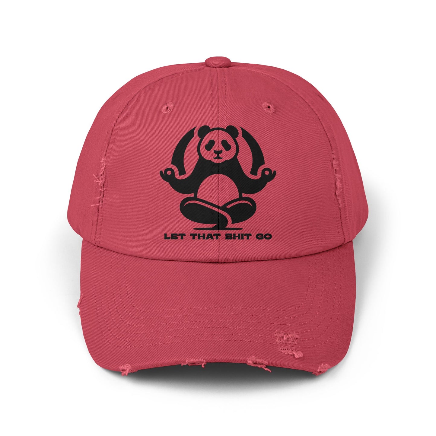 Let That Shit Go Unisex Distressed Cap, Meditating Panda Hat, Inspirational Message Hat, Gift for Yoga Lovers